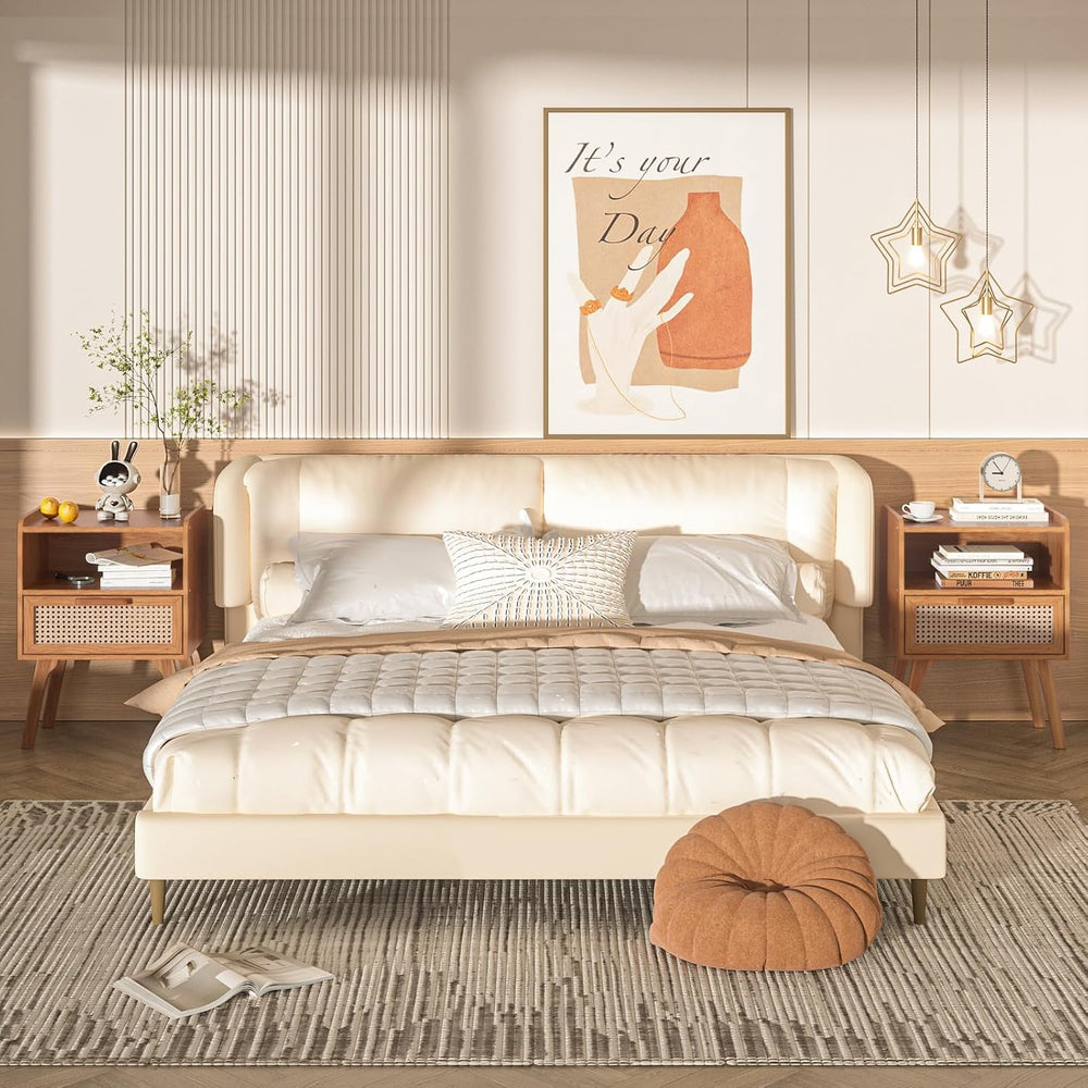 Lerliuo Rattan Nightstand, Side Table with Drawer Open Shelf