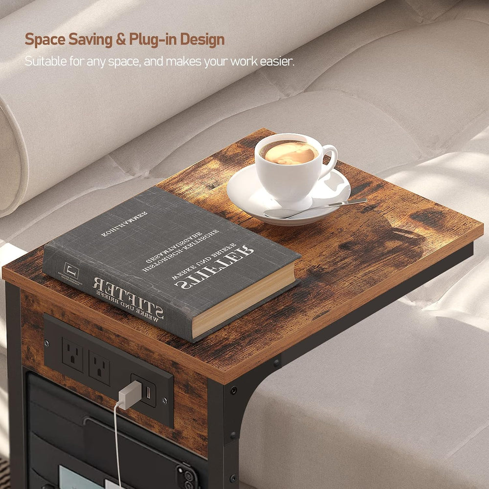 TUTOTAK C Shaped End Table with Charging Station, Side Table for Sofa
