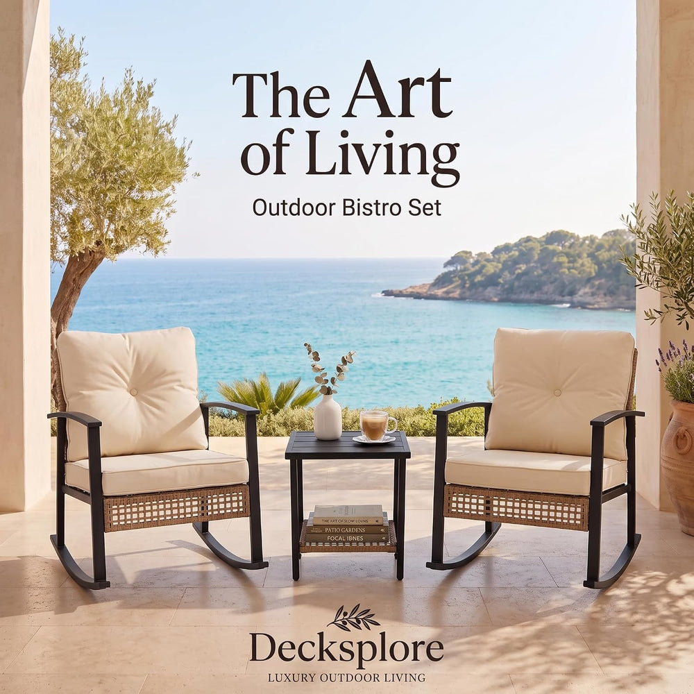 Outdoor Rocking Chairs Set of 2, 3-Piece Bistro Patio Furniture Set with Thic...