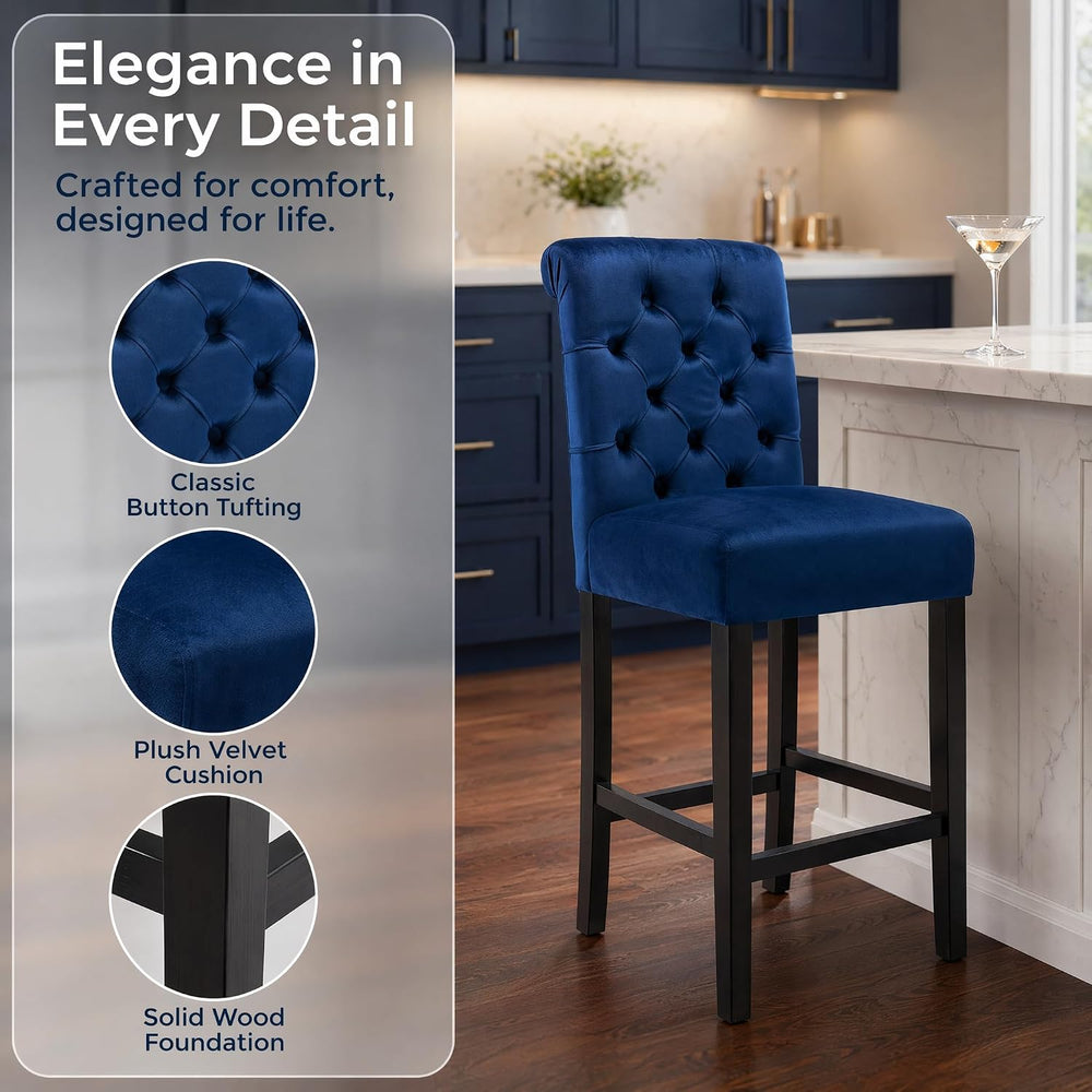 26" Button Tufted Bar Stools Set of 2 Velvet Upholstery, Blue