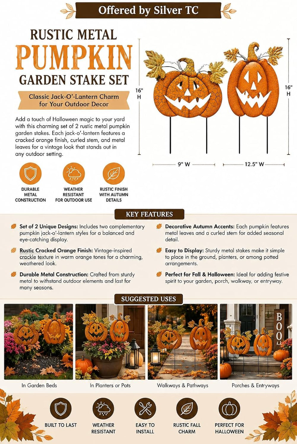 STC World S/2 Halloween Pumpkins Garden Stakes Jack O Lantern Designed Outdoo...