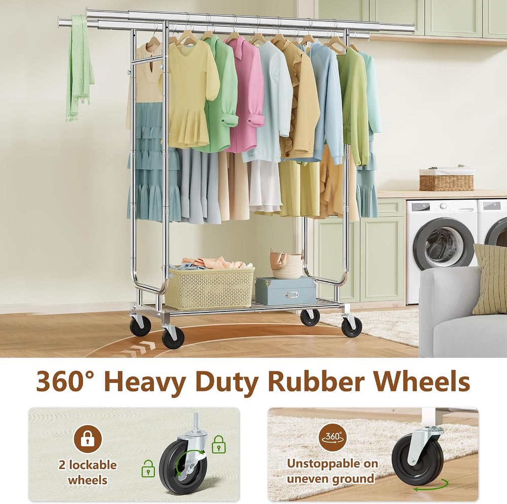Heavy Duty Rolling Clothes Rack, 620 LBS Load Double Rod Adjustable Garment R...
