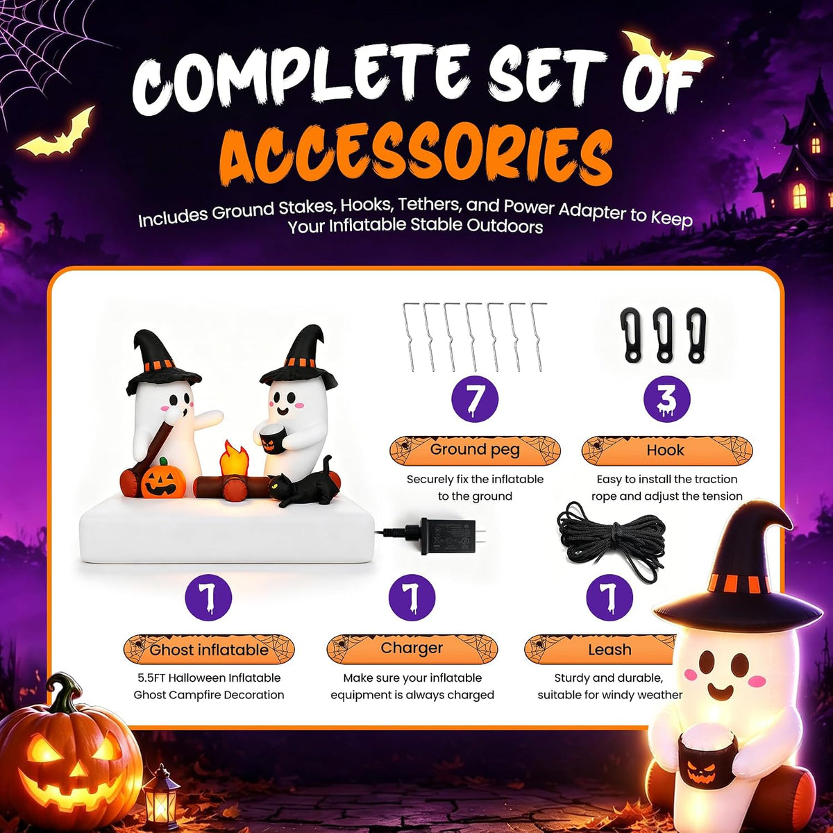 Halloween Inflatables Outdoor Decorations, 5.5FT Blow Up Yard Decorations Twin Ghosts with Campfire Pumpkin Black Cat, Built-in LED Lights, 7 Stakes 3 Hooks for Lawn Porch Party