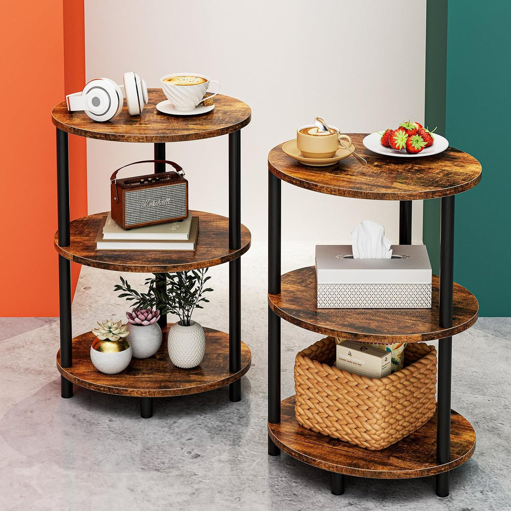 Small Round Side Table - 3-Tier Oval Accent Table for Small Spaces, Rustic Wo...