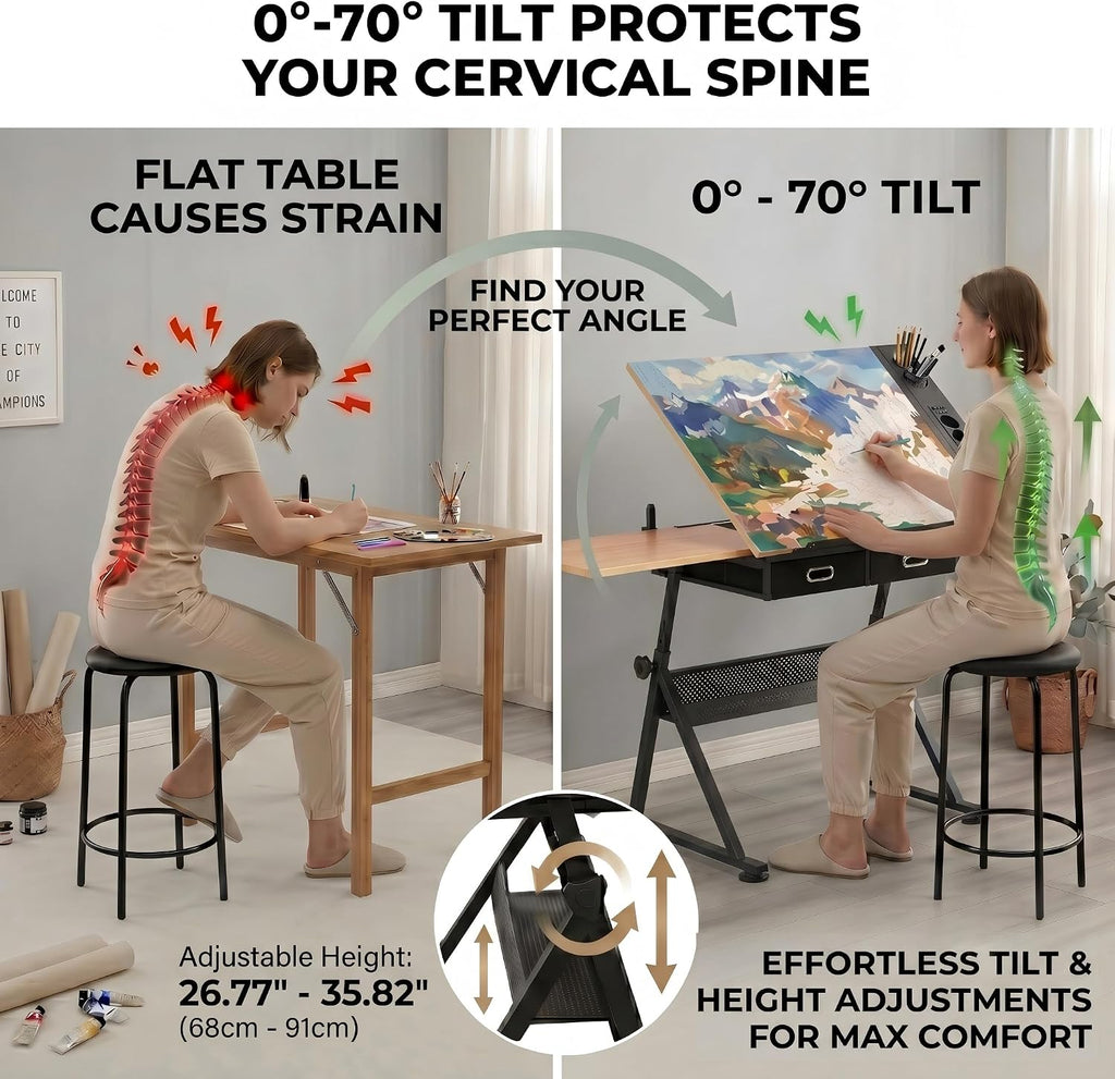 adjustable drawing table with 2 drawers & stool, close-up detail