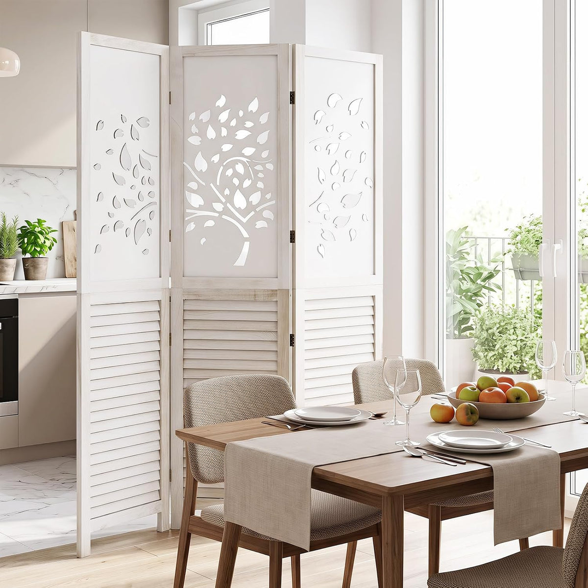 GIANTEX 3 Panel Folding Room Divider with Tree Leaf Cutout & Louvered Slats