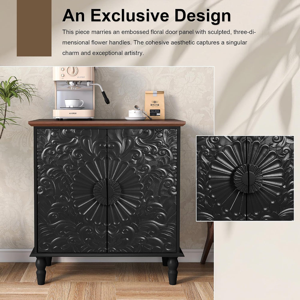 Black Sideboard Buffet Cabinet with 2 Embossed Flowers Doors