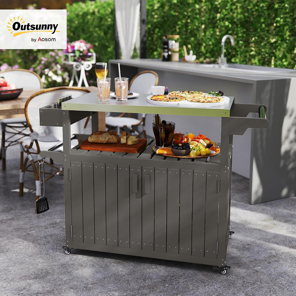 Outsunny Outdoor Bar Cart with Storage Cabinet Kitchen Island Dark Gray