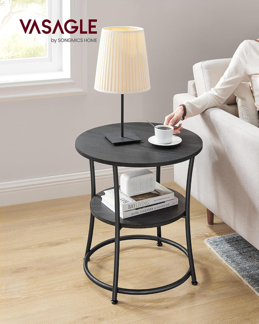 VASAGLE Side Table, 2-Tier Round End Table with 2 Storage Shelves