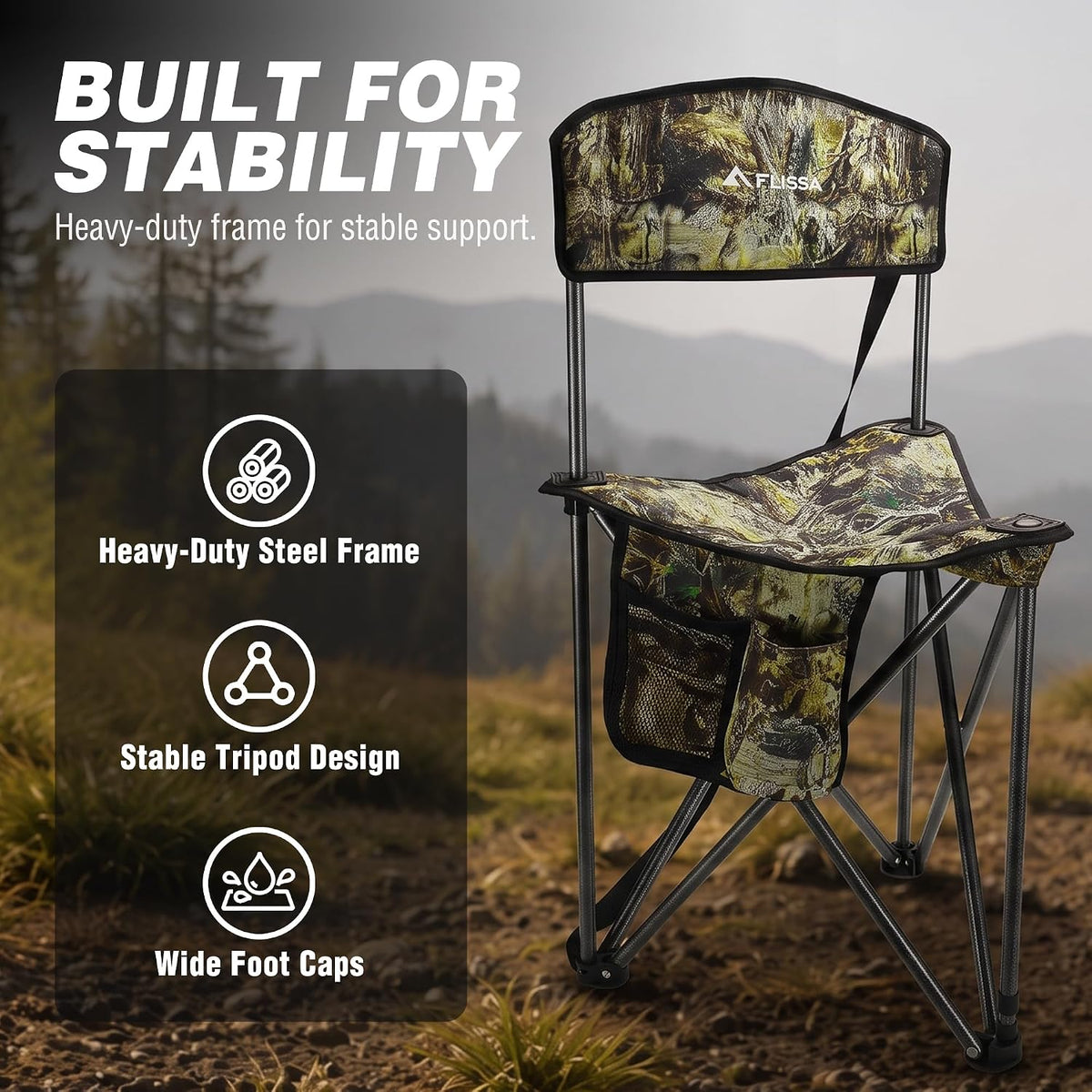 FLISSA Hunting Chair with Backrest, Folding Tripod Hunting Chair, Camo