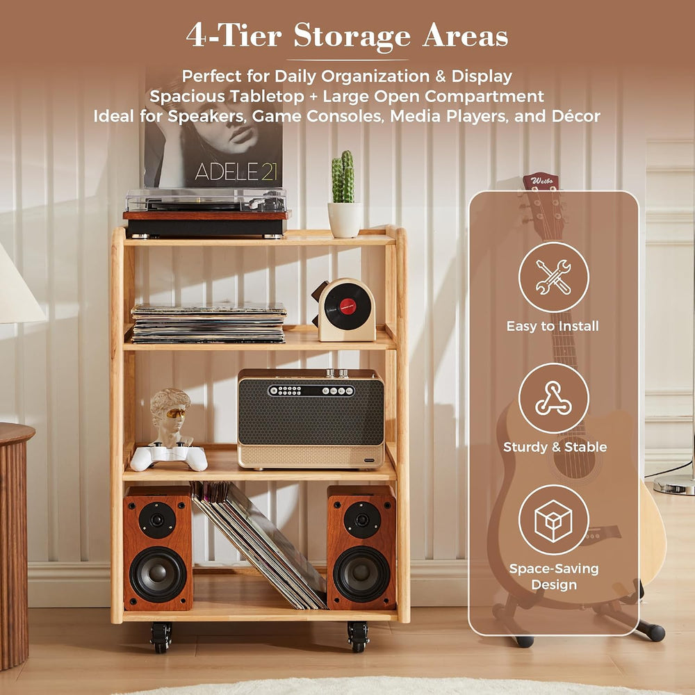 Solid Wood AV Media Stand, 4-Tier Audio Rack with Lockable Casters
