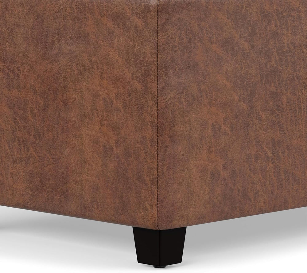 SIMPLIHOME Avalon 48" Wide Vegan Leather Storage Ottoman in Saddle Brown