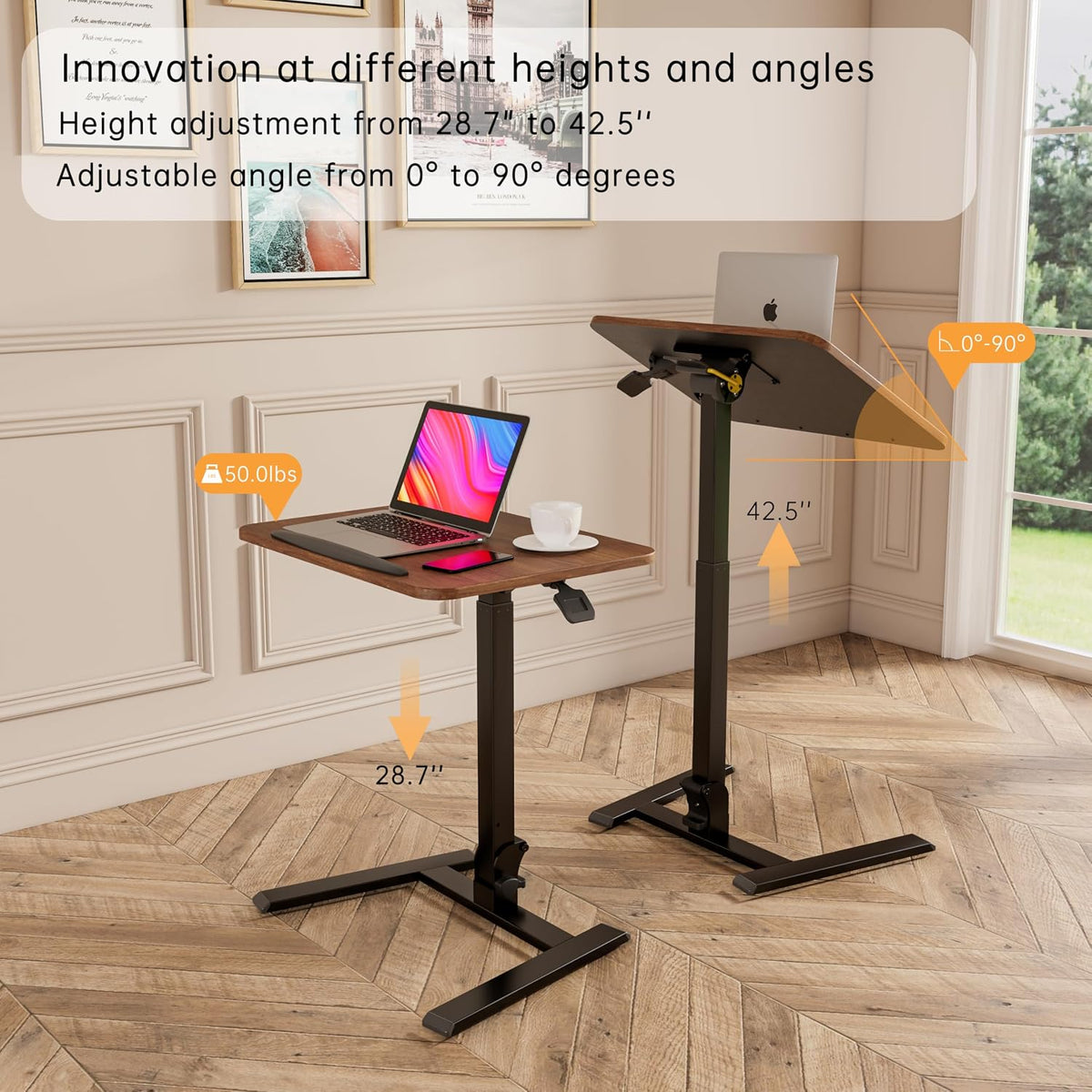 alawooder 25" Mobile Folding Desk: Pneumatic Sit-Stand, No Assembly