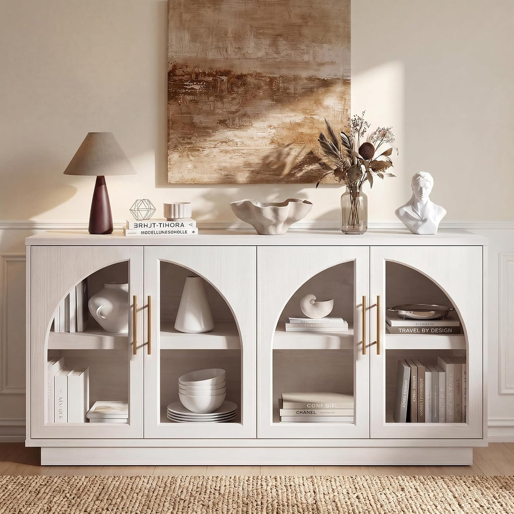 59" Sideboard Display Cabinet Arched Glass Doors,White Oak