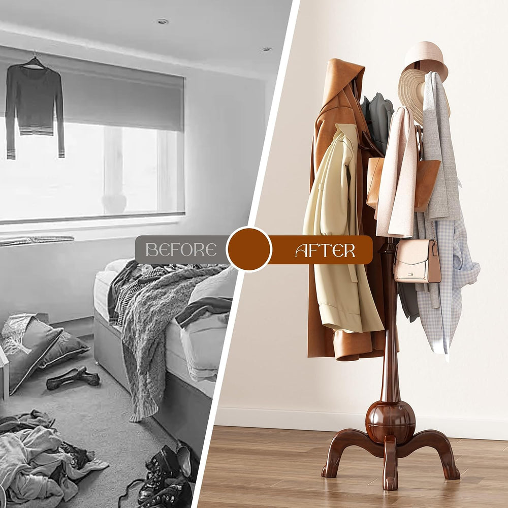 Wood Freestanding Coat Rack 8 Hooks Coat Tree Standing,Dark Walnut