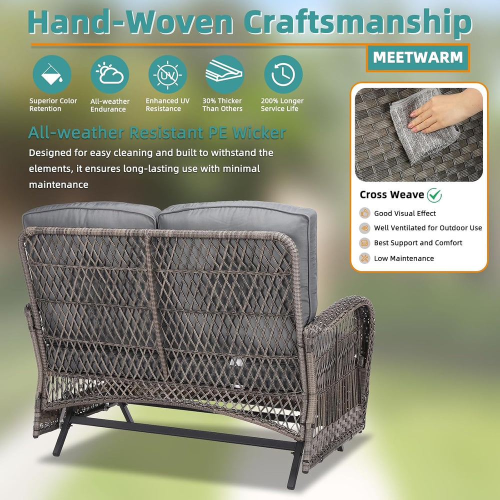 MEETWARM Outdoor Wicker Patio Glider Set, Loveseat for 2 Person Porch Furnitu...
