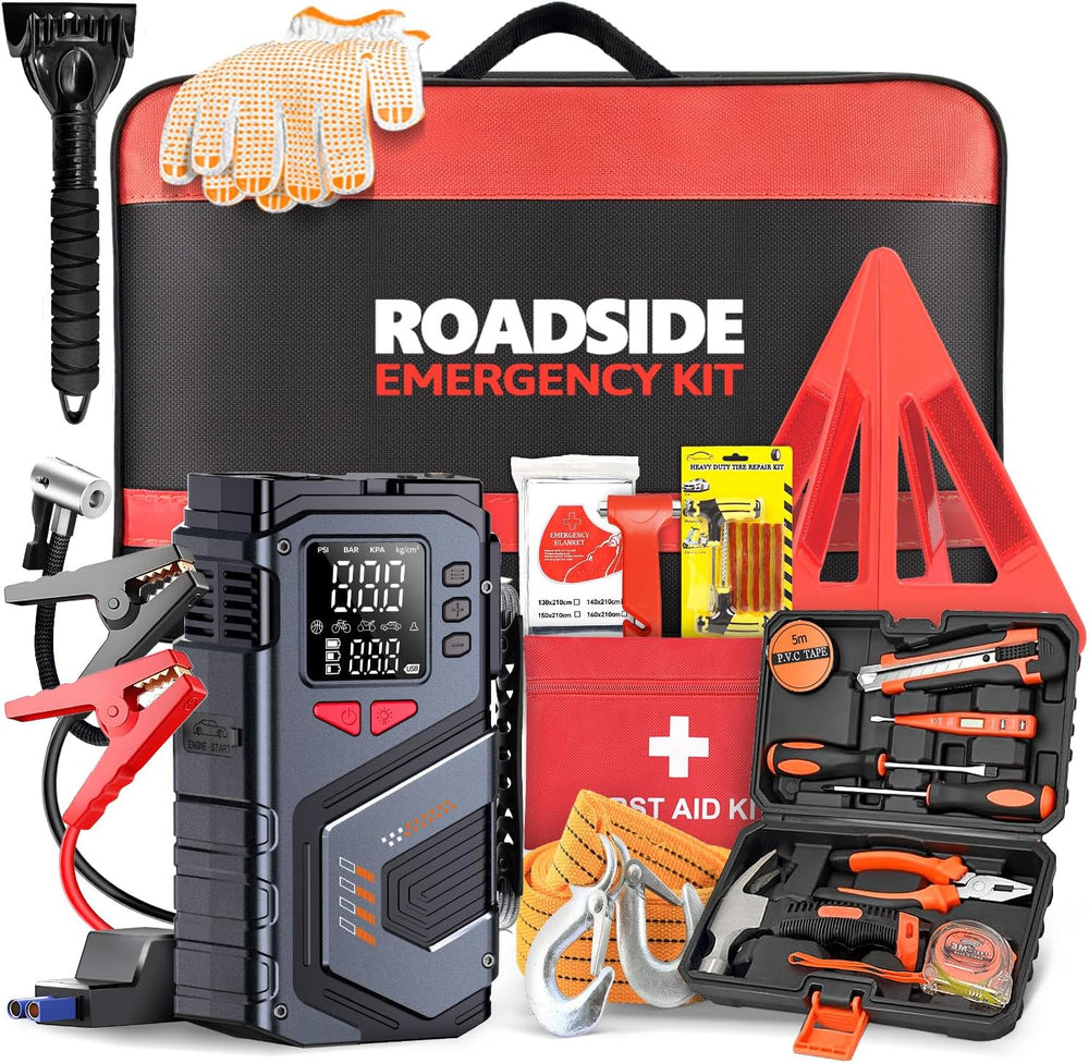 Jump Starter with Air Compressor Car Emergency Kits for Vehicles Roadside