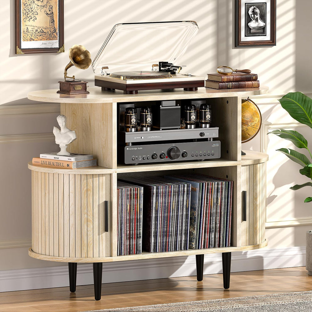 Large Record Player Stand with Storage and Shelves, Natural