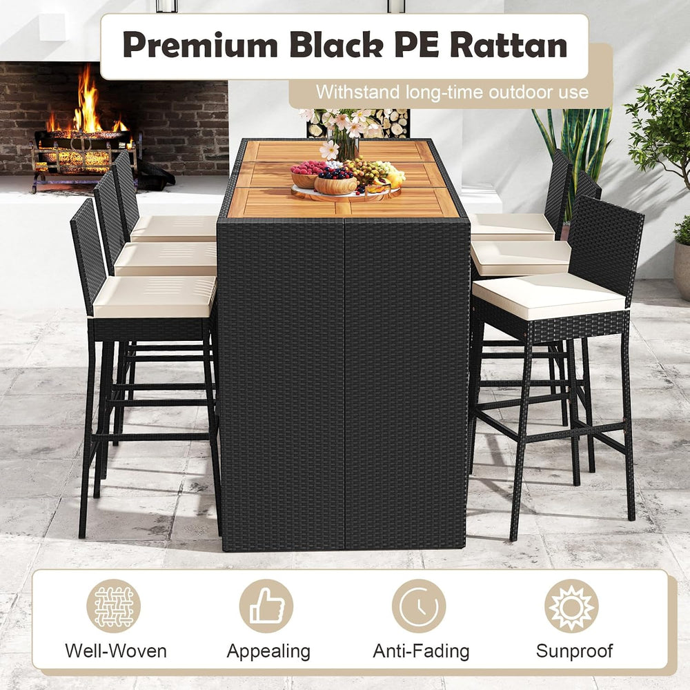 Tangkula 7 Piece Patio Wicker Bar Set, Patiojoy Outdoor Acacia Wood Bar Heigh...