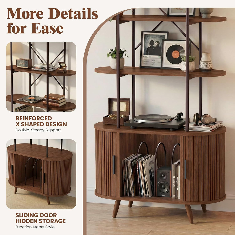 Tall Vinyl Record Player Stand with Sliding Doors, 4 Tier Shelf, Walnut