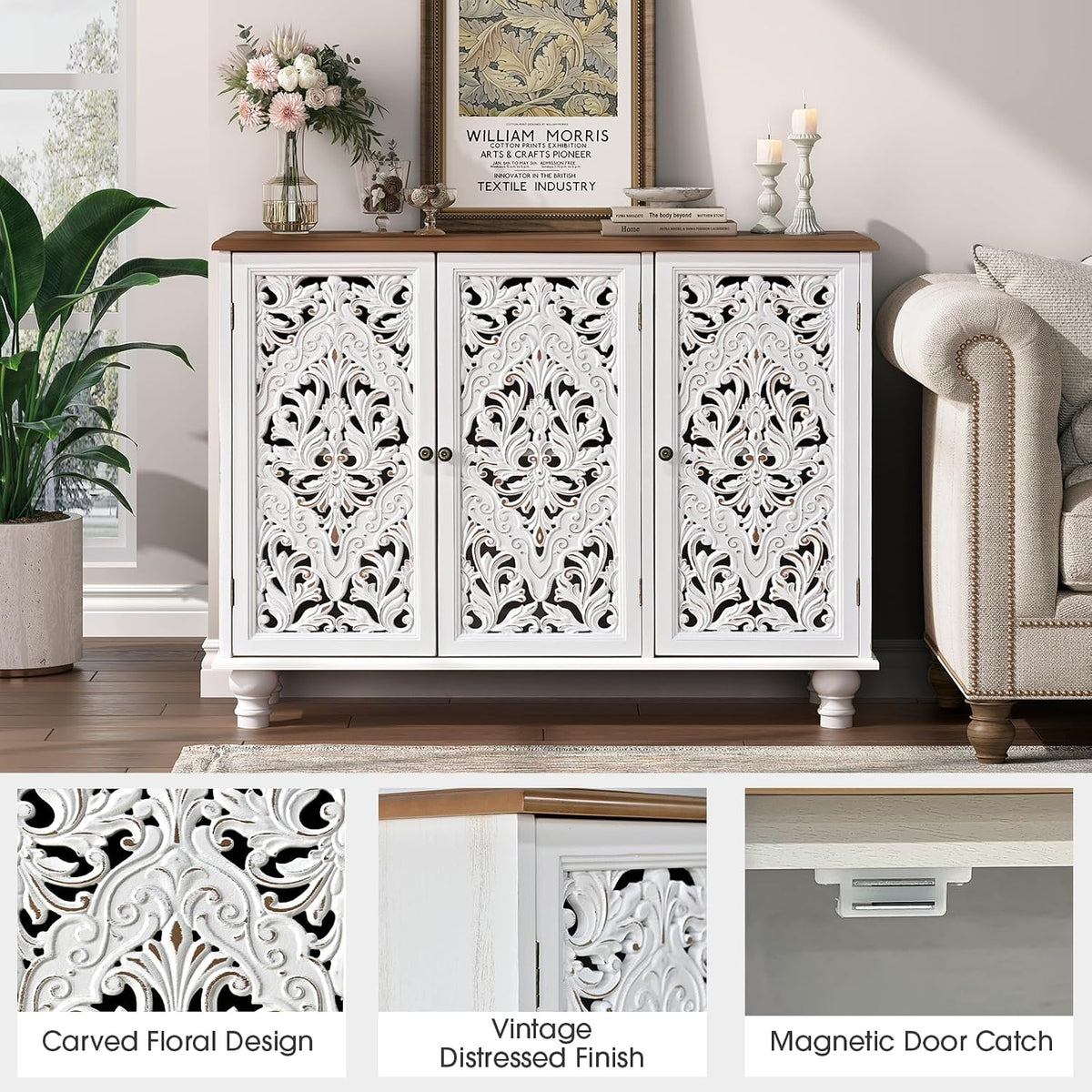 JOINICE 42.5" Accent Storage Cabinet with 3 Doors for Living Room,White