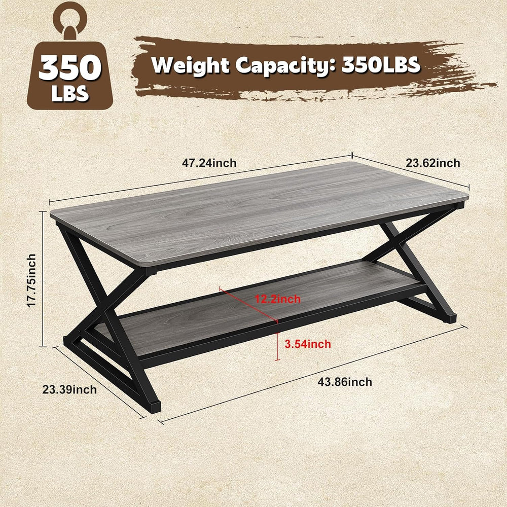 47" Coffee Table for Living Room, 2-Tier Rectangle, Grey Oak