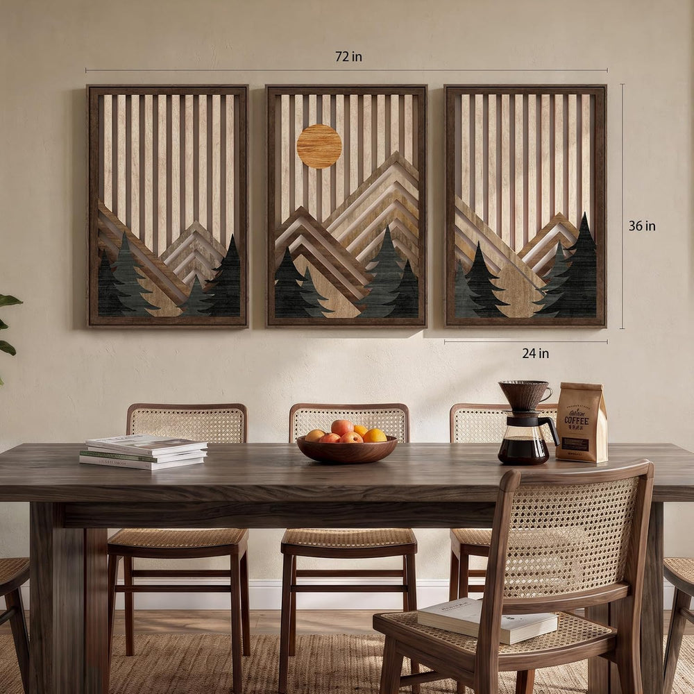 Large Framed Cutout Boho Mountain Wood Wall Art for Living Room, 3 Piece
