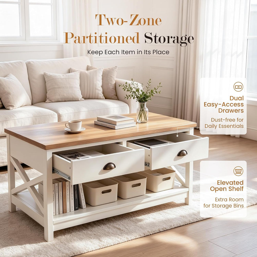 Sophia & William Farmhouse Coffee Table for Living Room with Drawers, White