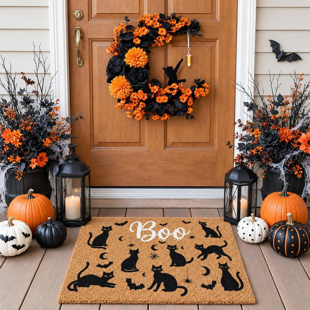 Thiccywoov 2 Pcs Halloween Black Cat Doormat and Wreath Sets for Front Door