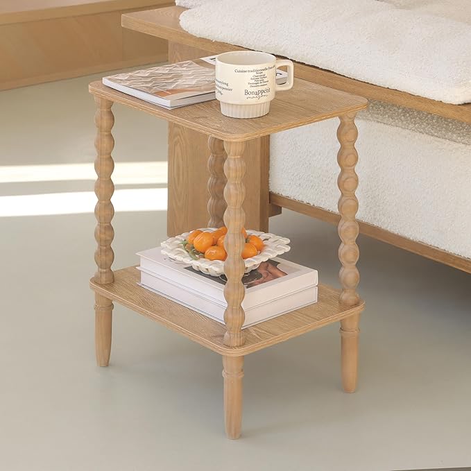 Small End Table, Couch Side Table with 2-Tier Storage Shelf, Wood Coffee Table for Bedroom, Living Room, Small Spaces (Rustic Walnut)