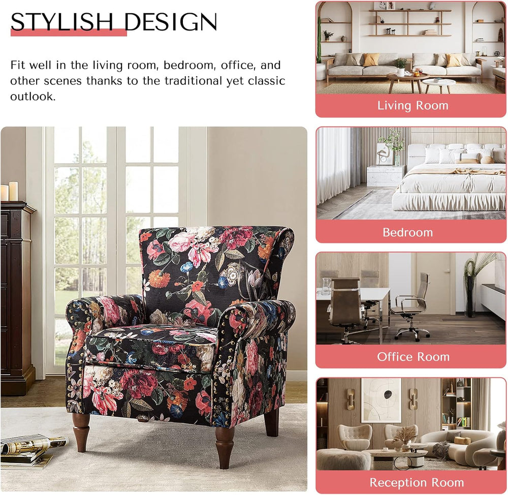 HULALA HOME Traditional Floral Accent Chair with Solid Wood Legs, Black