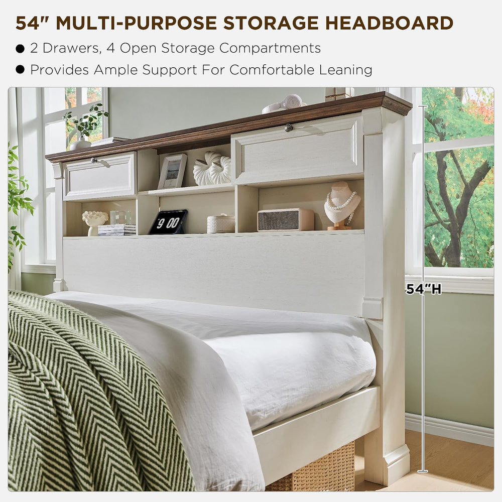 Wood Queen Size Bed Frame with 54" Tall Storage Headboard Charging Station