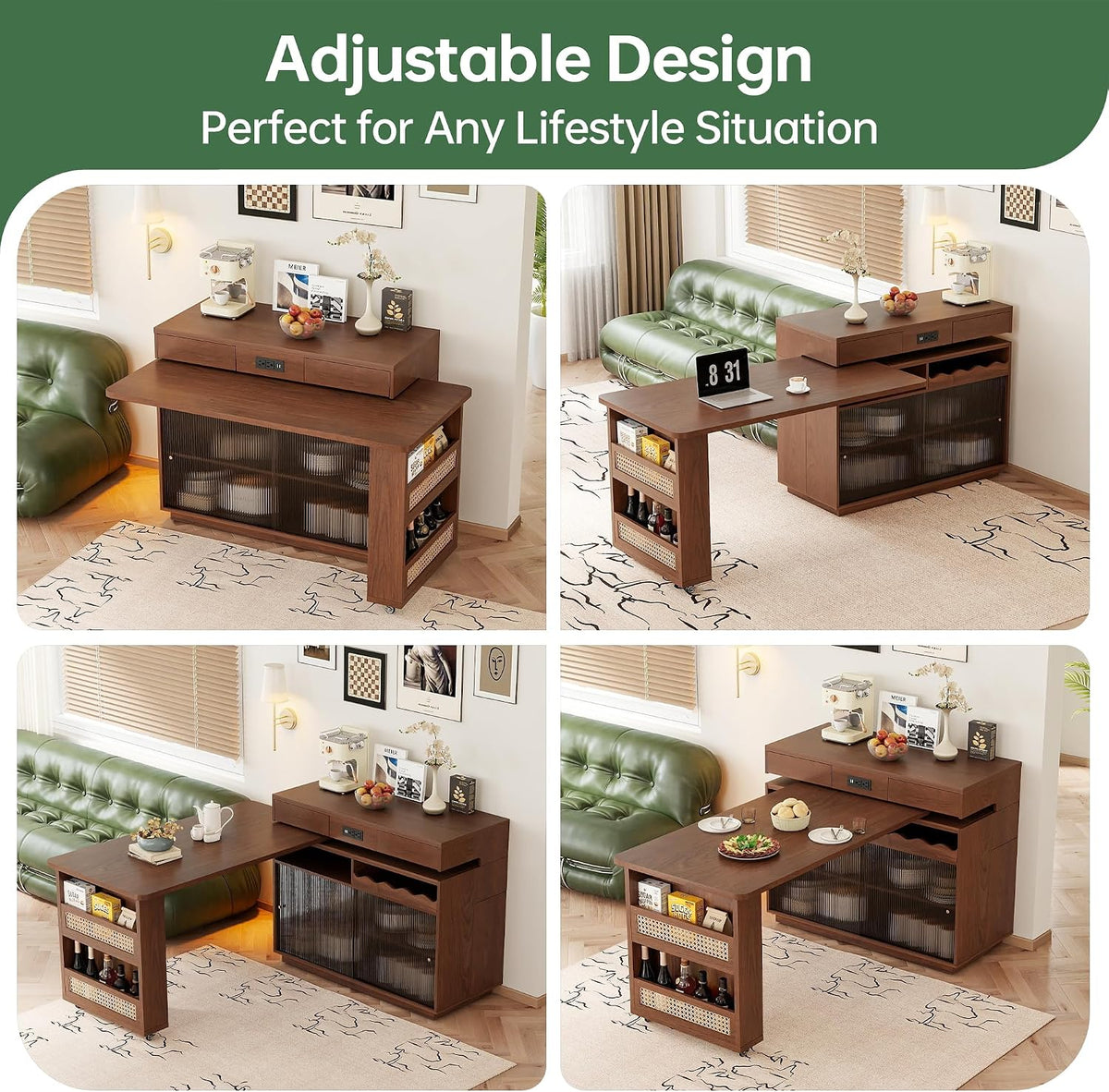 47" Expandable Mobile Kitchen Island with Power Outlet, 180° Sliding Table Top with Wheels, Extendable to 83", Multifunctional Storage Dining Table for Kitchen, Dining & Living Room, Walnut Finish