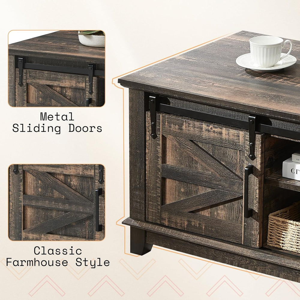 AMERLIFE 48" Farmhouse Coffee Table with Sliding Barn Doors, Black Oak