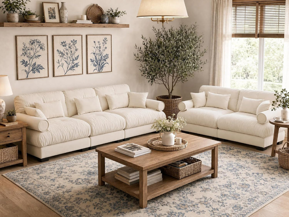 2 Piece Cloud Couches Set,Loveseat & 3-Seater Sofa,Beige