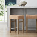 Nathan James Harvey Rattan Bar Stool, Bohemian Counter Height Stool with Woven Seagrass Seat, Solid Wood Legs, and Metal Footrest Seagrass/Brushed Gray, Set of 4