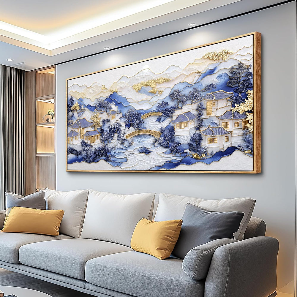 Large Blue Landscape Wall Art,Modern Abstract Wall Decor,Minimalist Artwork