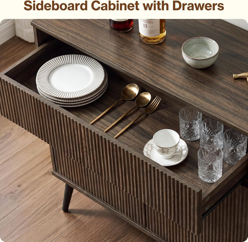 31" Small Fluted Sideboard Buffet Cabinet, Walnut.