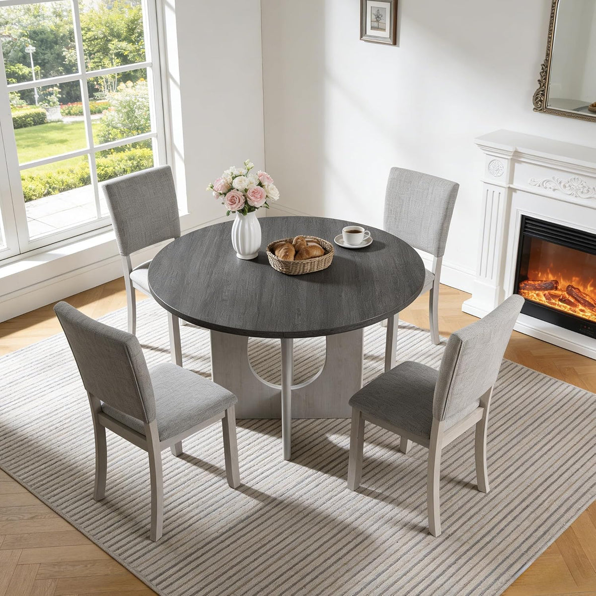 leovanni Round Dining Table Set for 4, Kitchen Table with 4 Upholstered Chairs, 5-Piece Wood Dining Table and Chairs Set for Kitchen, Patent Pending