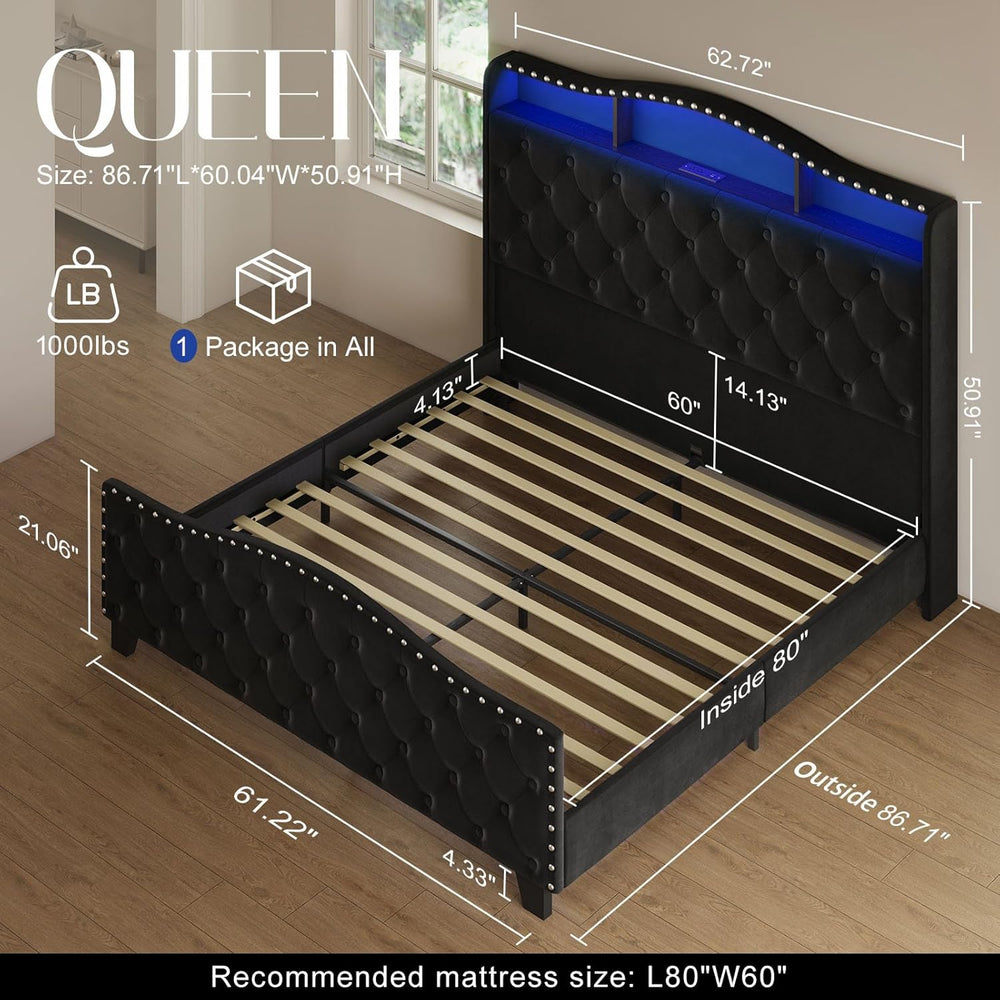 Belffin Platform Bed Frame with 50.9" LED Headboard, Queen Black