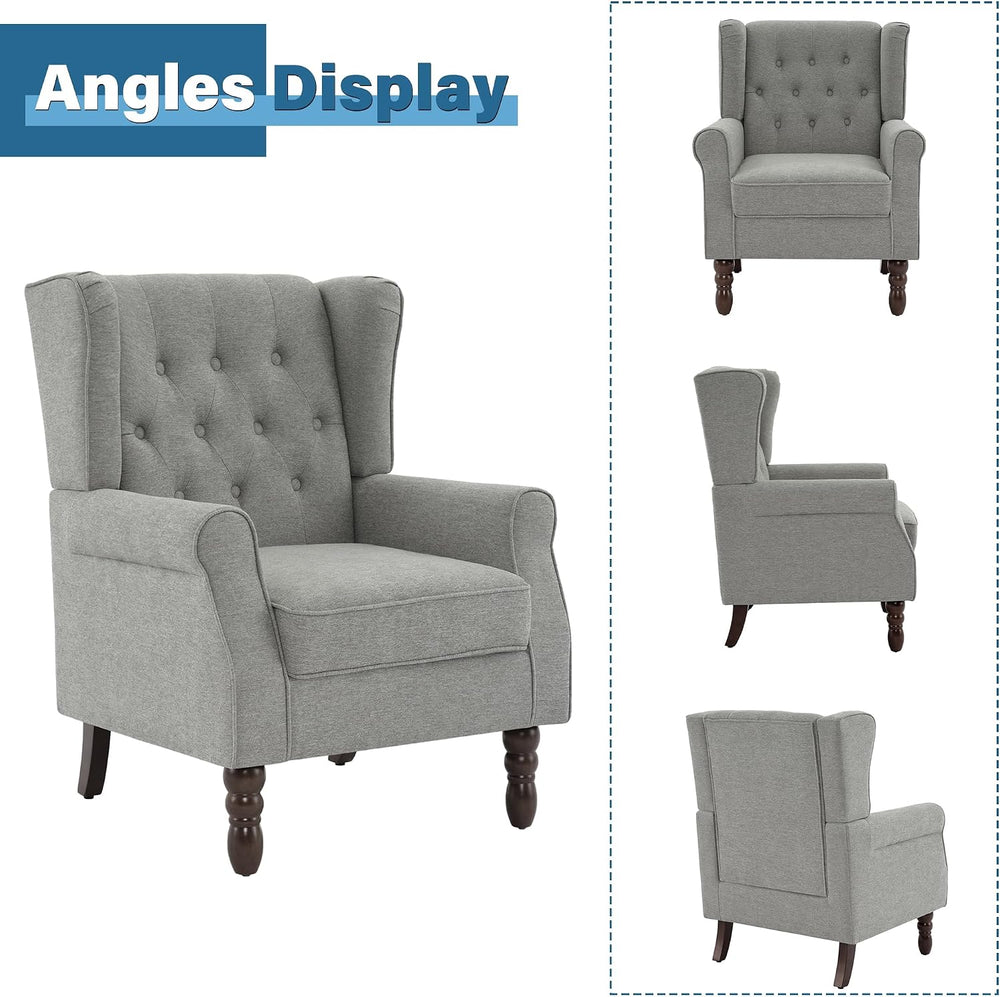 High Wingback Accent Chairs Set of 2, Button-Tufted Armchair, Light Gray