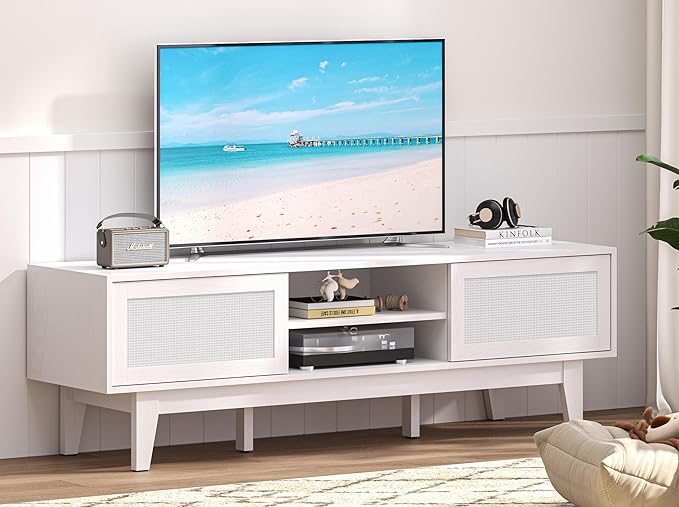 Boho TV Stand for 55 65 Inch TV, Rattan Entertainment Center with Shelves, Cabinets and Sliding Doors, TV Media Console Table with Solid Wood Feet & Cord Holes for Living Room, Bedroom, White