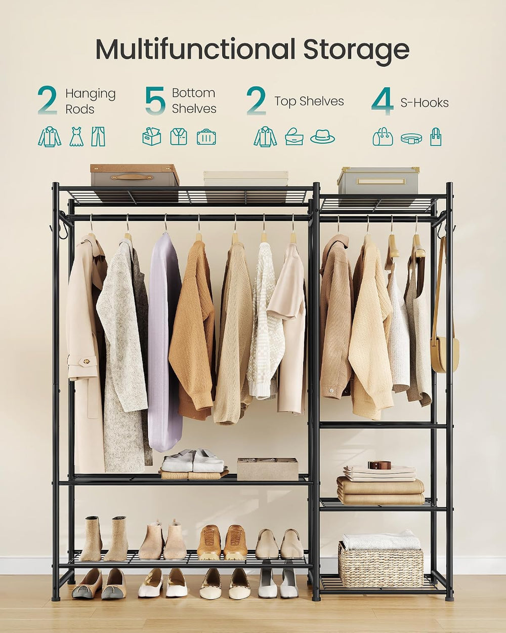 SONGMICS Portable Closet Wardrobe, Freestanding Clothing Rack, Black