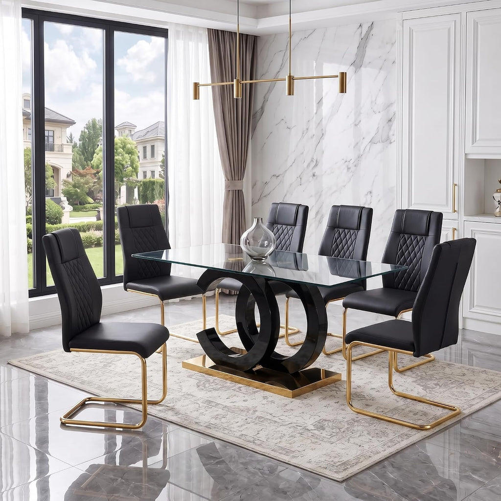 Ebullient 63" Glass Dining Table Set for 6 with Chairs, Black and Gold