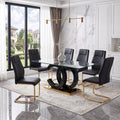 Ebullient 63" Glass Dining Table Set for 6 with Chairs, Black and Gold