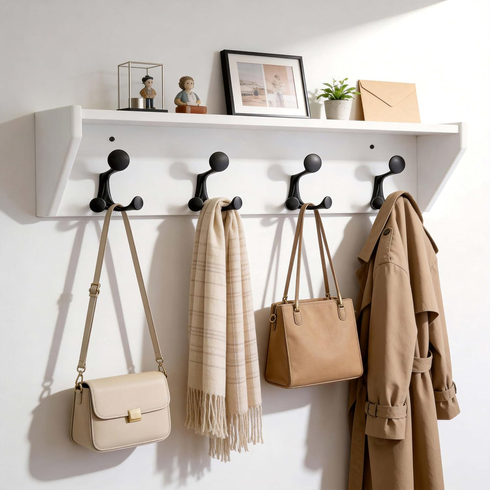 SKOLOO Wall Shelf with Hooks, 24-Inch White Coat Rack Wall Mount with Shelf O...