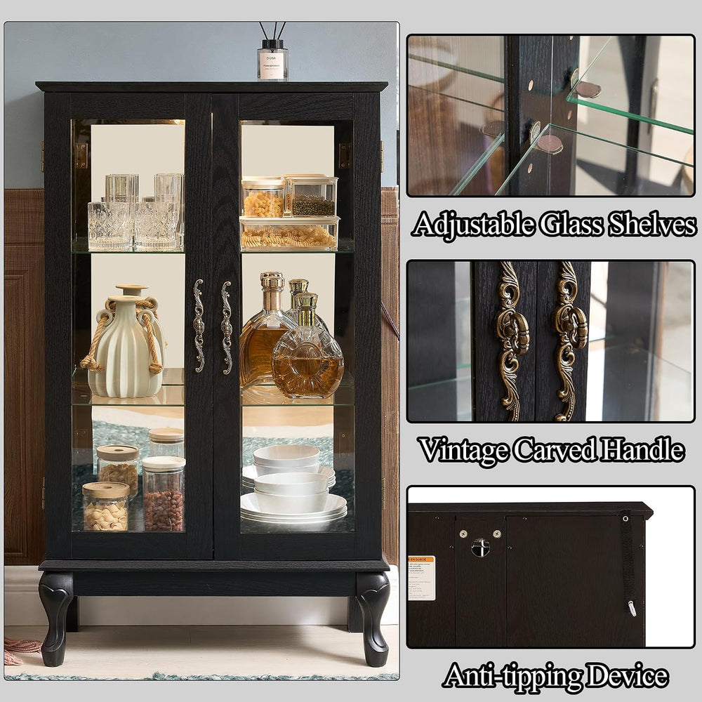 43" H Lighted Glass Curio Display Cabinet, 3-Tier Glass Accent Storage C...