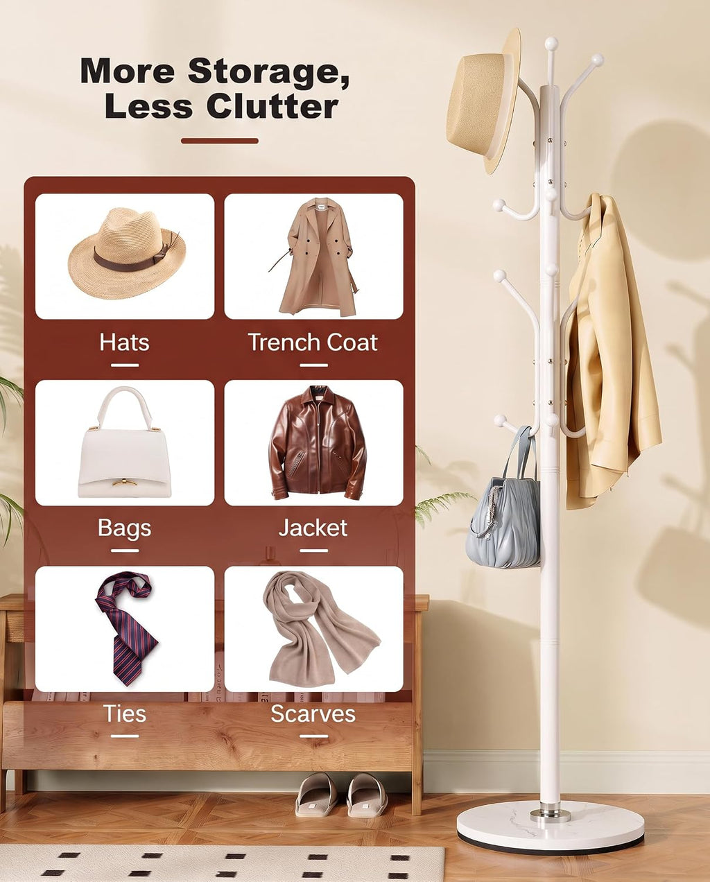 Coat Rack with 12 Hooks, Freestanding Coat Tree with Sintered Stone Base, Sturdy Metal Coat Stand for Hats, Purses & Jackets, Ideal for Entryway, Bedroom, Office & Closet, 11.4" x 11.4" x 68.1", White