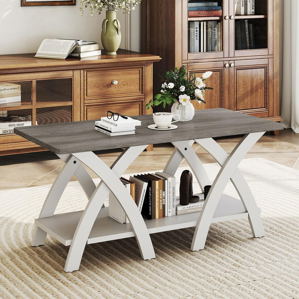 GIANTEX Farmhouse Coffee Table, 2-Tier Wood Center Table with Storage Shelf &...