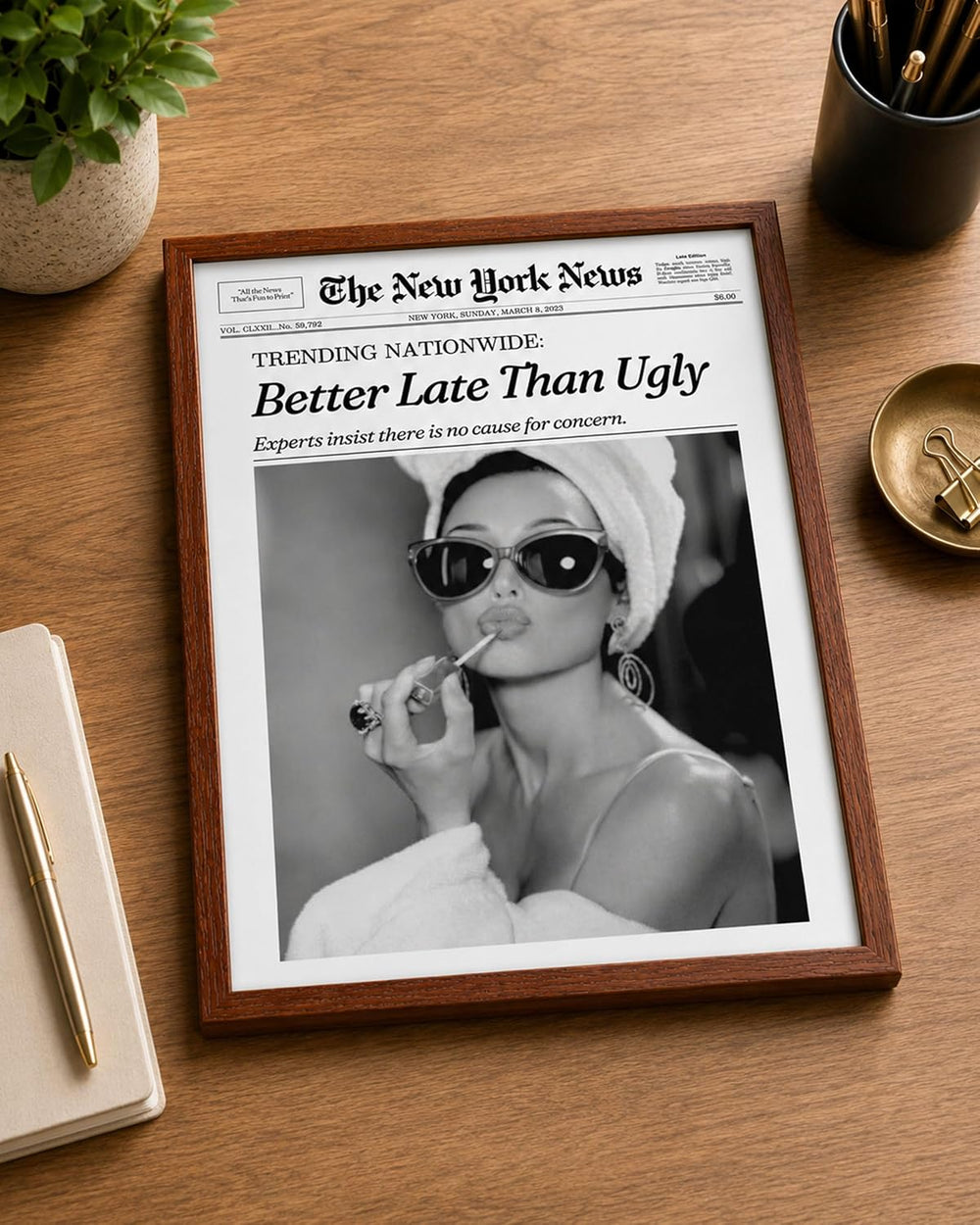 iHery 12x16in Audrey Hepburn Better Late Than Ugly Framed Bathroom Art
